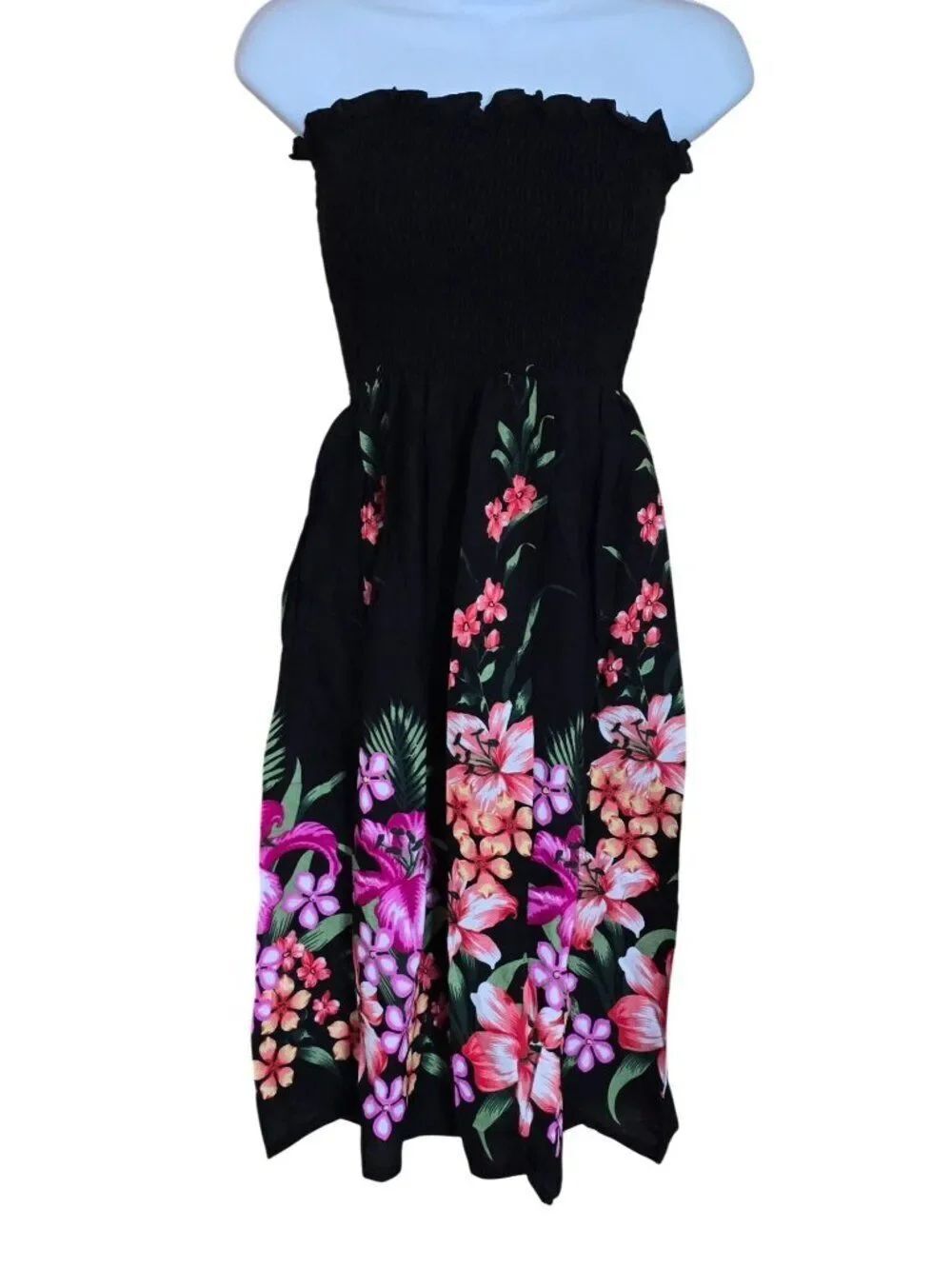Hibiscus Collection Strapless Black Floral Dress Tropical Vibes beach nautical